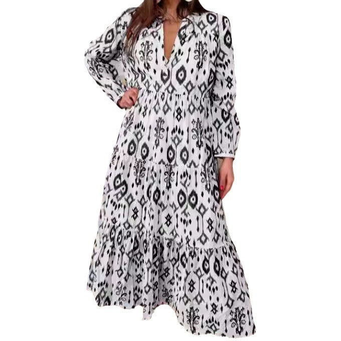 Women's Long Sleeve V-neck Printed Dress