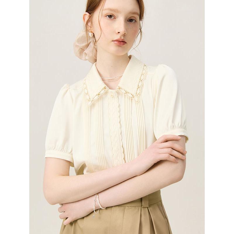 Elegant Summer Embroidered Polo-Neck Blouse with Petal Sleeves