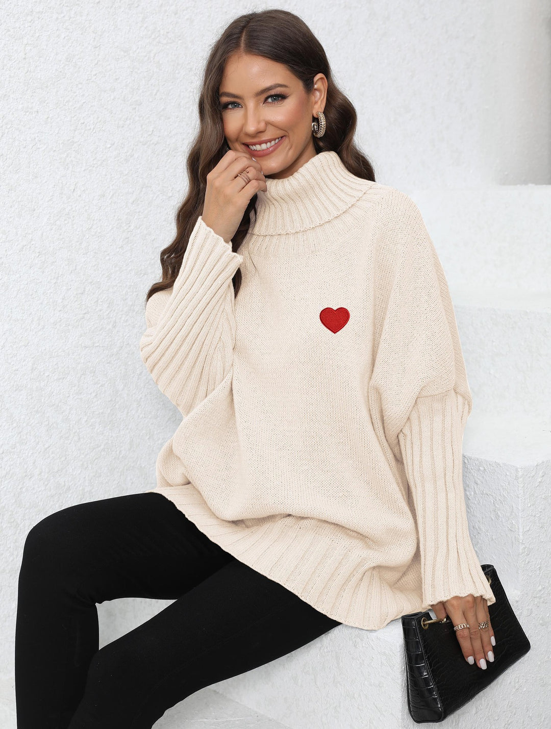 Women's Clothing Knitted Solid Color Turtleneck Lapel Loose Woven Love Stickers Sweater