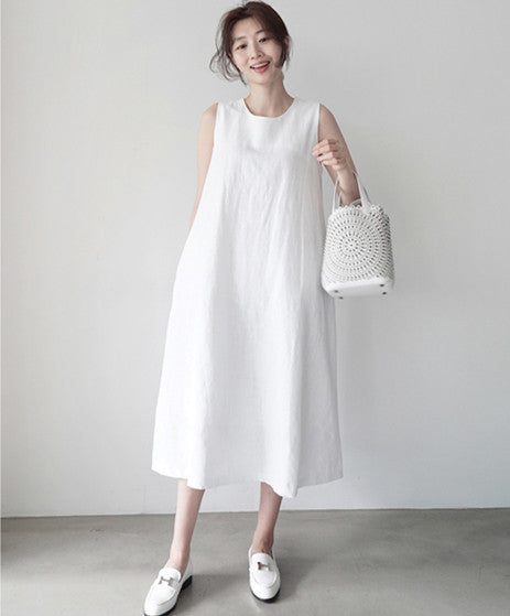 Cotton Linen Sleeveless Vest Loose Slimming Dress Women