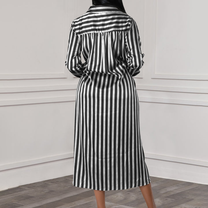 Striped Lapel Shirt Dress Loose Long Sleeve Dress