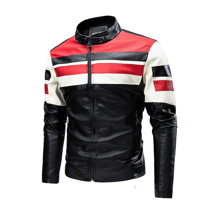 Motorcycle Stitching Leather Jacket Men Stand Collar Retro