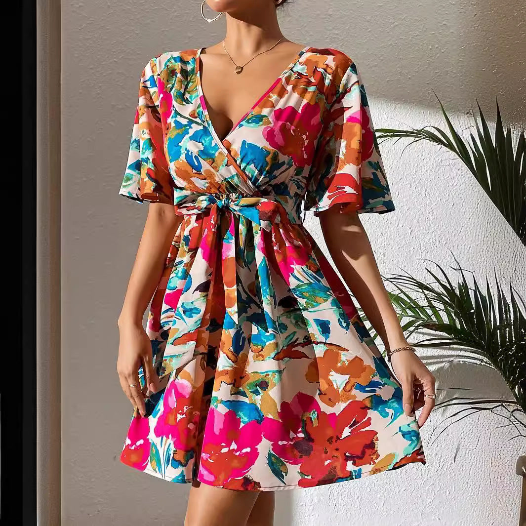 Floral Print Cross Collar Belt Women's Dress