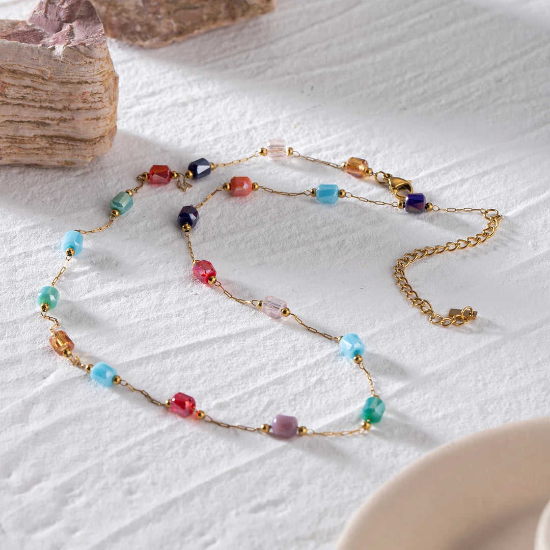 18K Gold Plated Stainless Steel Mixed Glass Waterproof Necklace