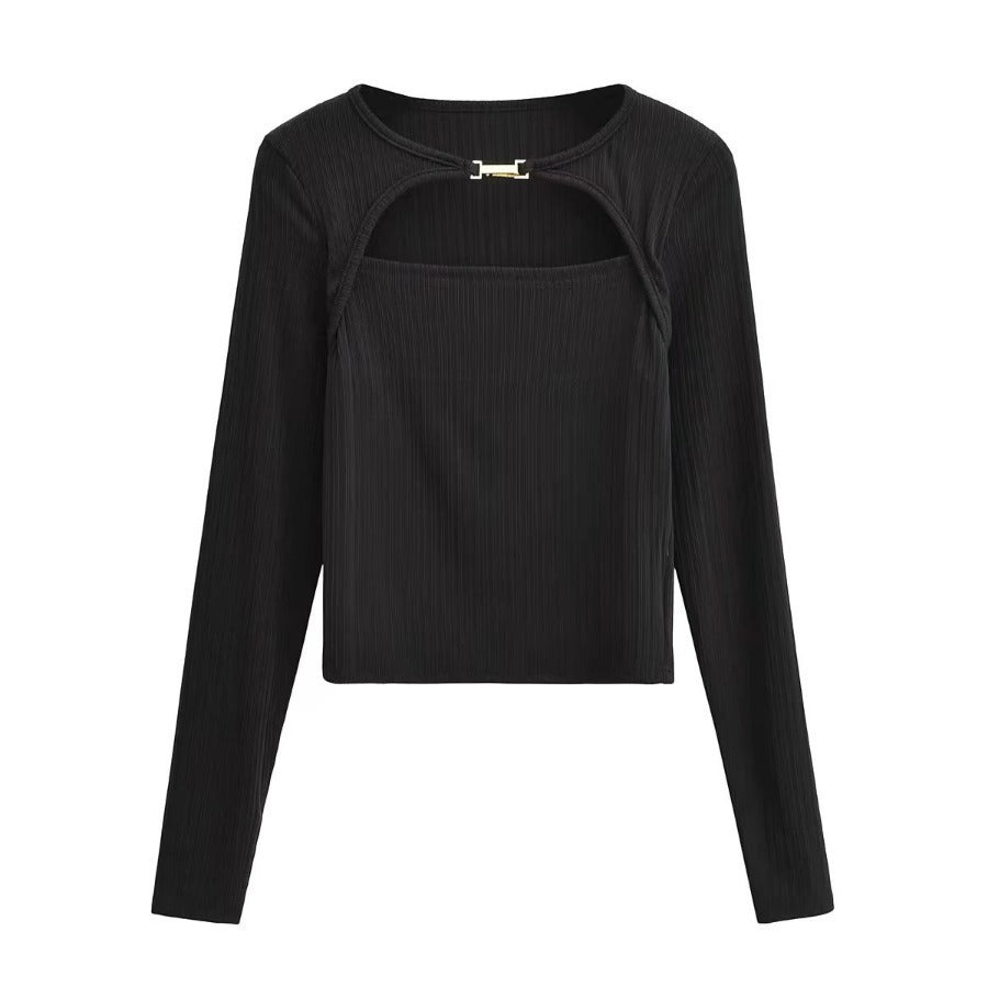 Elastic Tight Thin Hook And Loop Design Long Sleeved Bottoming Shirt For Women