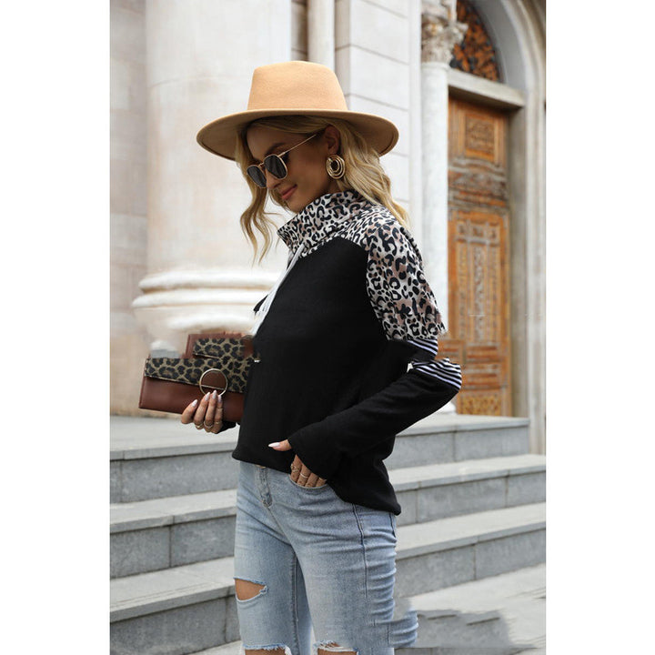 New Leopard Color Contrast High Neck Long Sleeve Sweatshirt