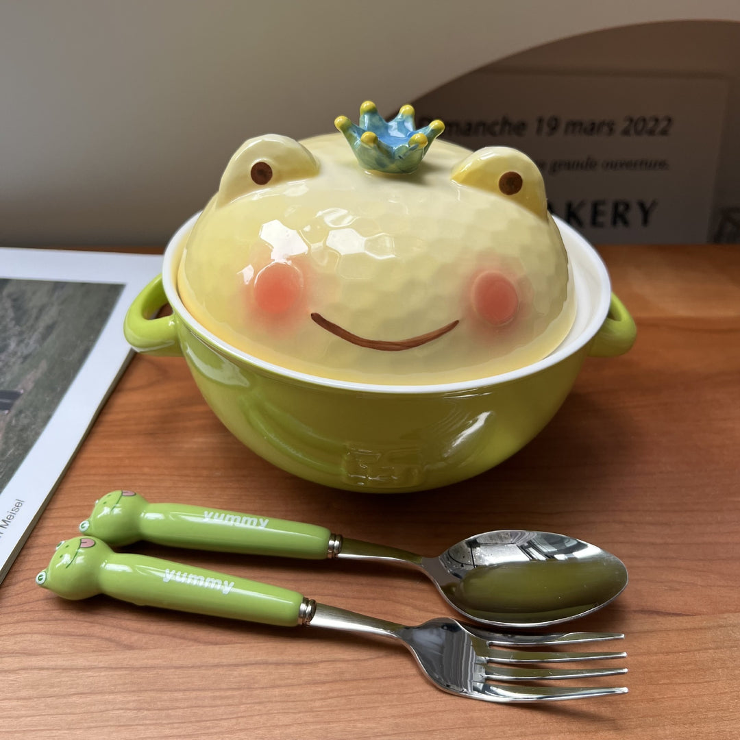 Ceramic Instant Noodle Cute Double-ear With Lid Cartoon Frog Soup Bowl