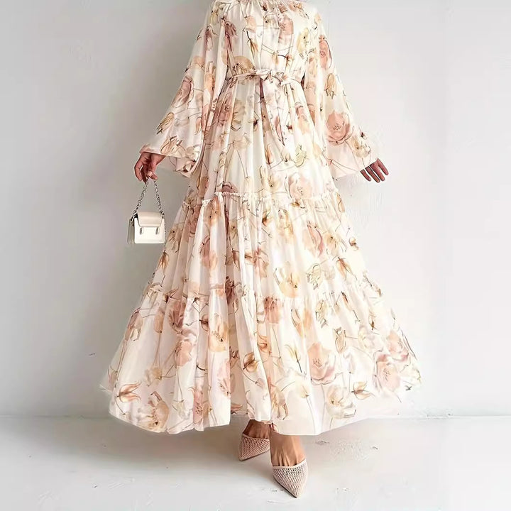 Middle East Chiffon Flower Print Long Fashion Elegant Dress