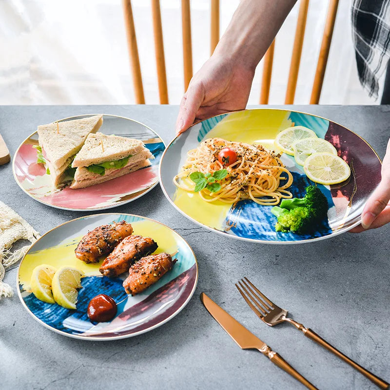 6 Pieces Colorful Cloud Dinnerware Set with Gold Inlay - Ceramic Dinner & Dessert Plates