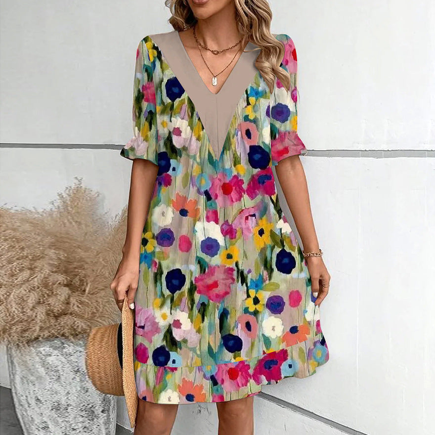 Fashion V-neck Loose Short Sleeve Dress