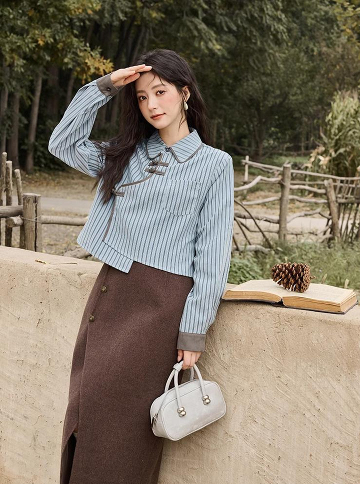 Blue-Grey Striped Patchwork Blouse