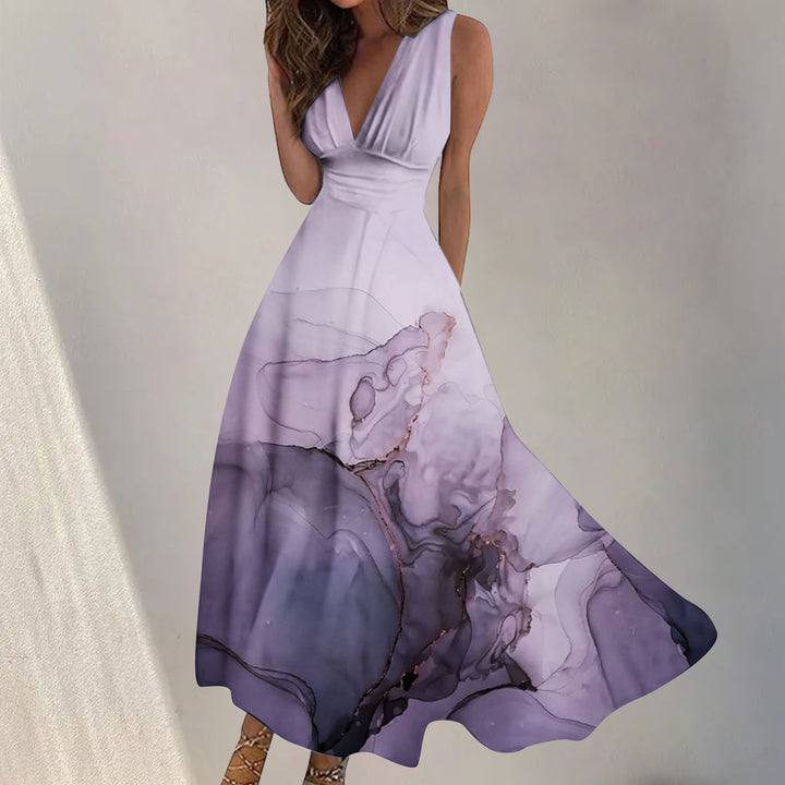 Women's Digital Printing Fashion V-neck Swing Long Dress