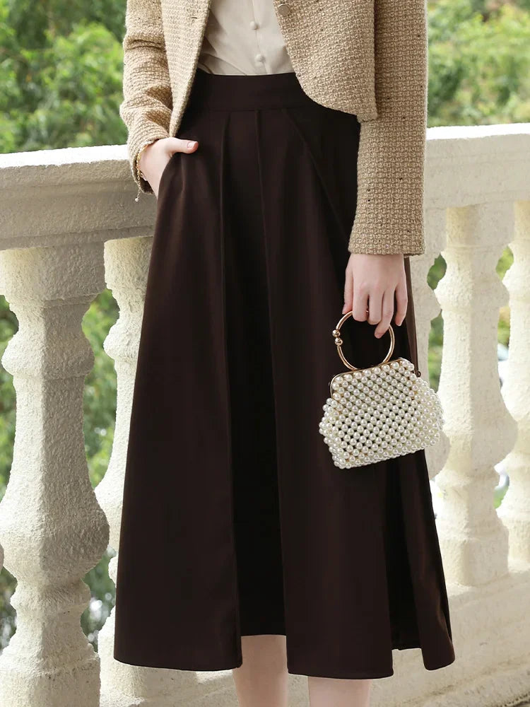 Elegant Brown High Waist A-Line Pocket Skirt