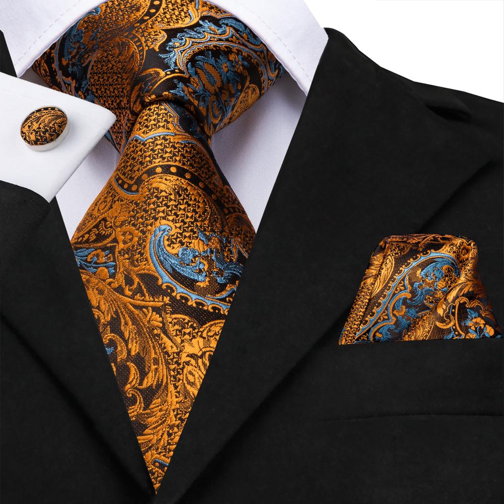 Luxury Silk Floral Black Gold Paisley Tie Set with Pocket Square & Cufflinks