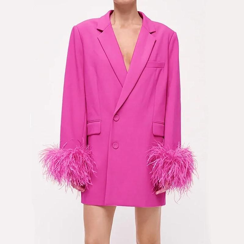 Elegant Pink Feather Spliced Blazer