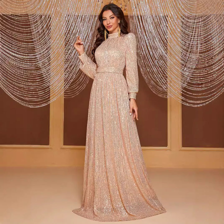 Pure Color Sequins Long Sleeve Stand Collar Evening Long Dress Simple And Elegant