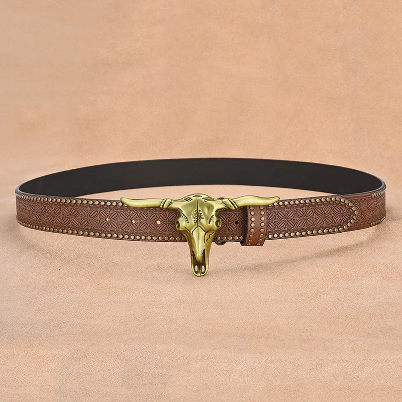 Vintage Western Cowboy Bull Buckle Belt