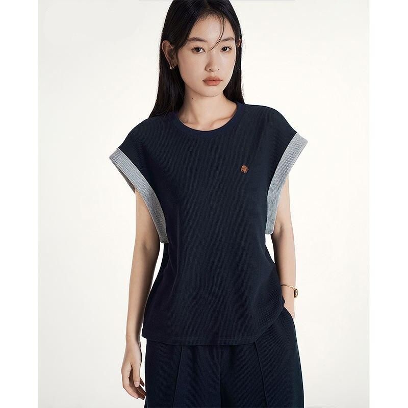 Summer Sleeveless Round Neck Chic Casual Navy Top