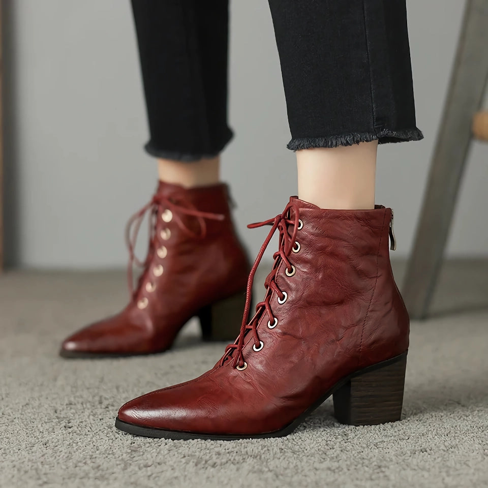 Women's Genuine Leather Pointed Toe Chunky Ankle Boots