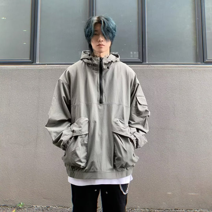 Top Hooded Jacket Loose Half Zip Windbreaker Workwear