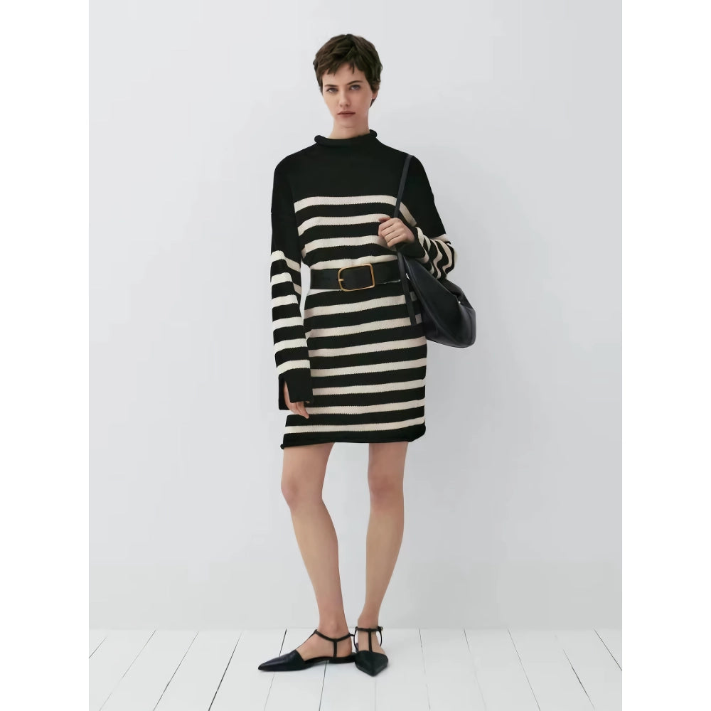 Autumn Slim-Fit Striped Turtleneck Knit Dress