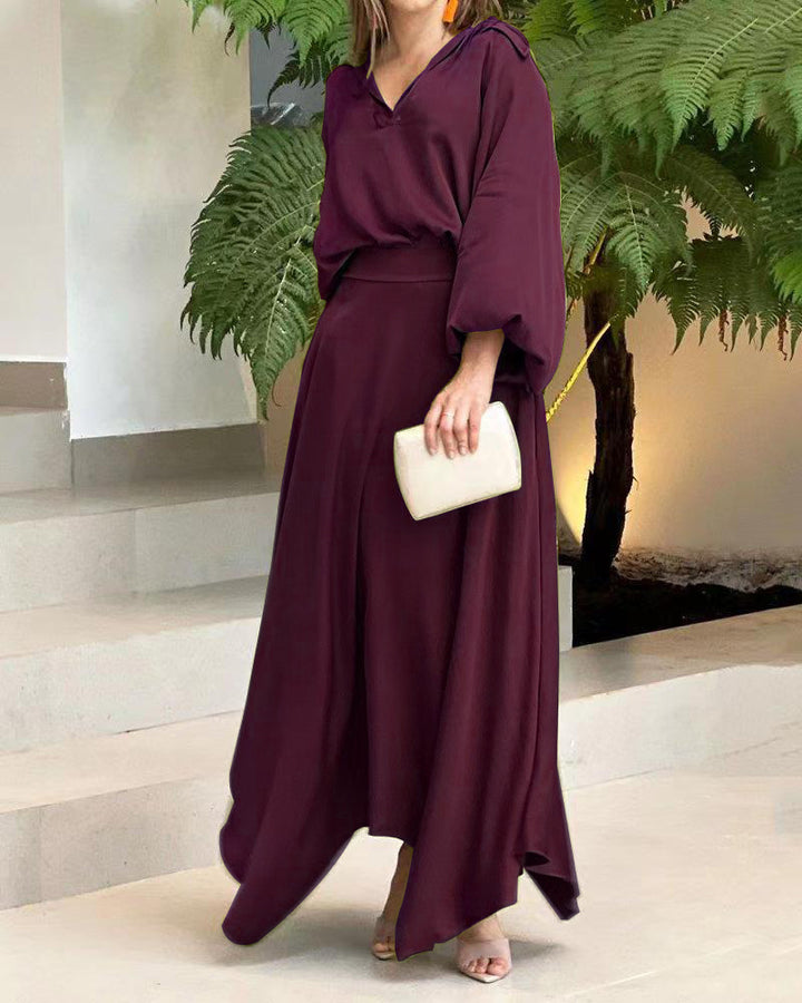 European And American Foreign Trade Women's Clothing New Loose Plus Size Solid Color Long-sleeved Top High Waist Long Skirt Suit