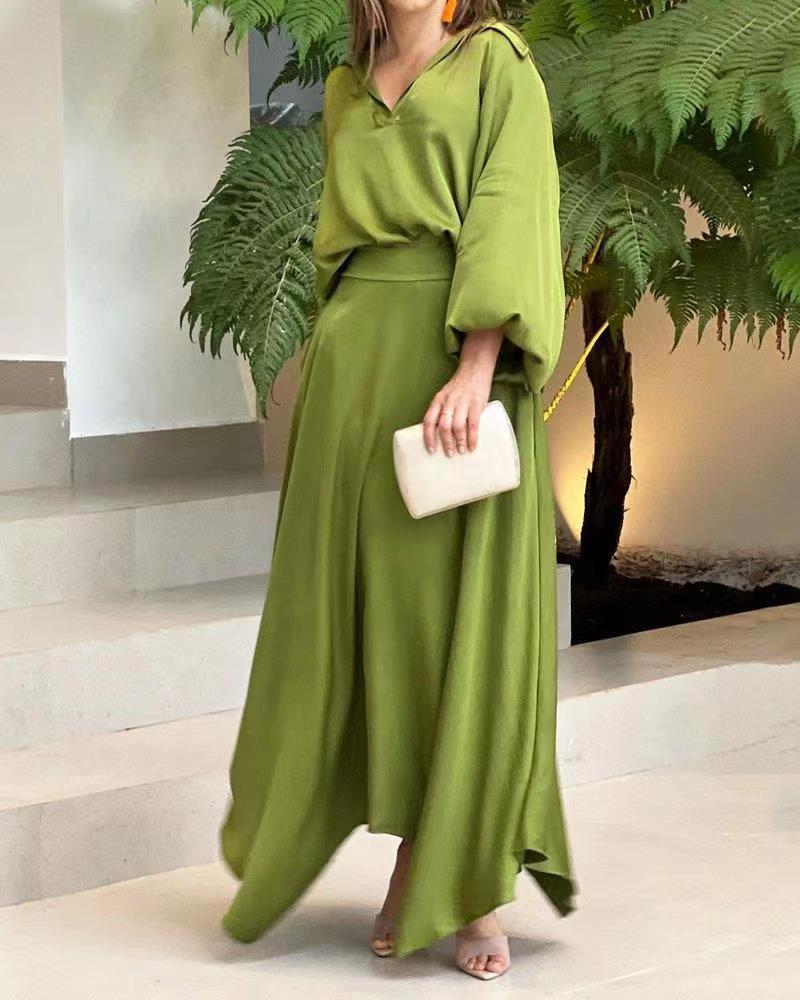 European And American Foreign Trade Women's Clothing New Loose Plus Size Solid Color Long-sleeved Top High Waist Long Skirt Suit