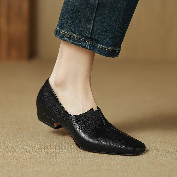 Soft Genuine Leather Women’s Low Heel Square Toe Shoes