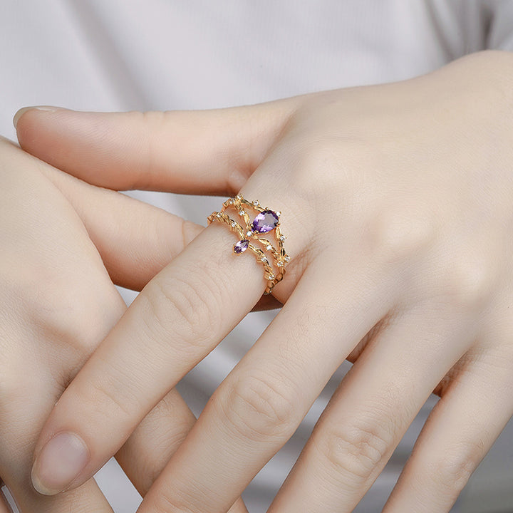 S925 Silver Plated 14k Gold Amethyst Ring Set