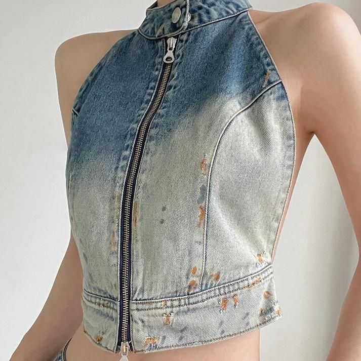 Hit Color Backless Denim Vest