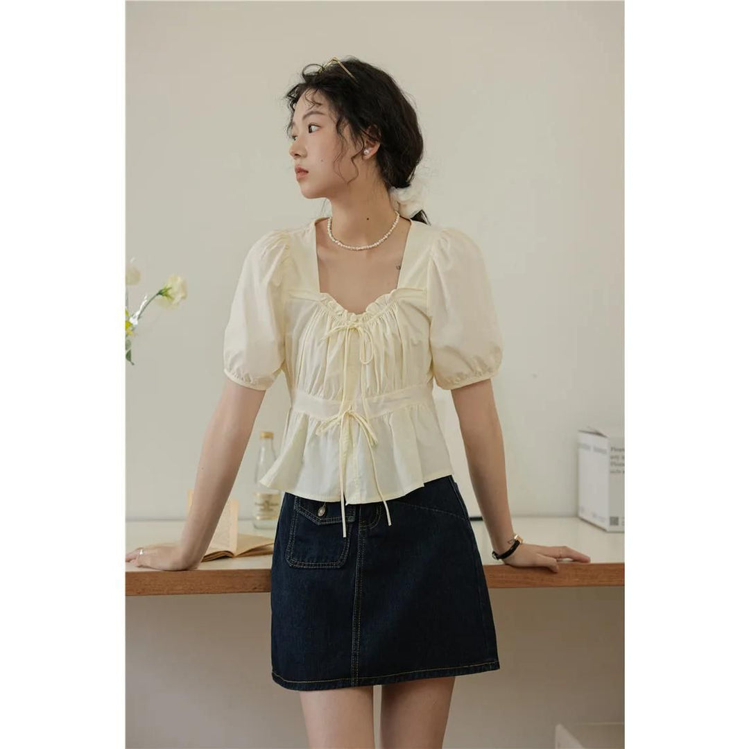 Elegant Vintage Square Neck Puff Sleeve Blouse