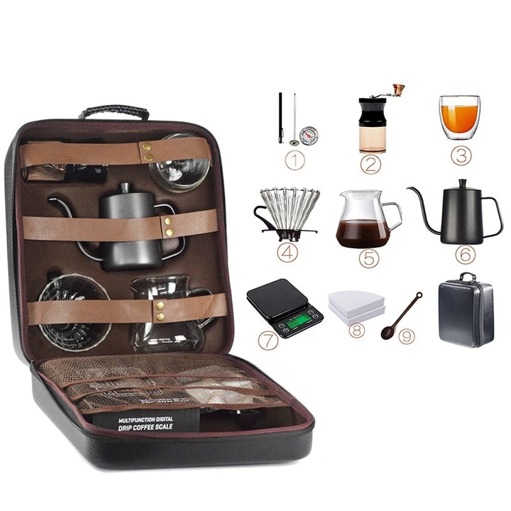 10-Piece Premium Travel Coffee Set: Manual Grinder, Cups & Filters in PU Bag