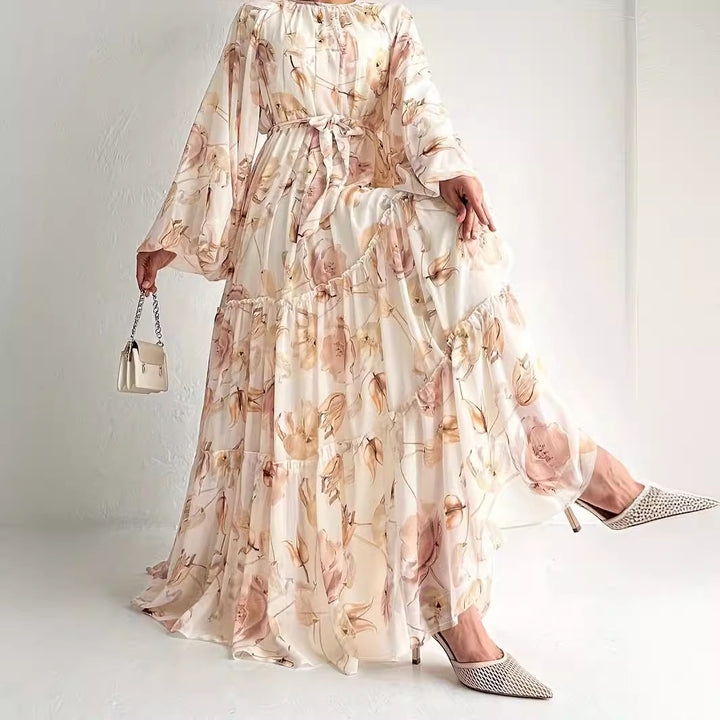 Middle East Chiffon Flower Print Long Fashion Elegant Dress