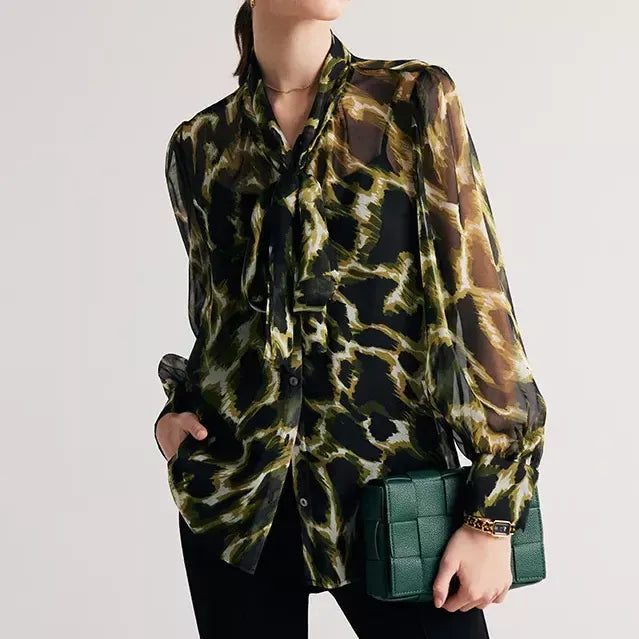 Chic Silk Blend Camouflage Bow Collar Blouse