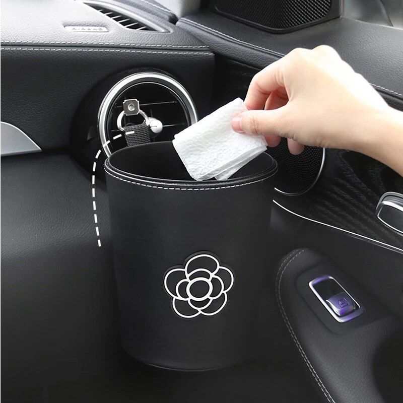 Chic Camellia Car Trash Bin - Compact Garbage Bag for Auto Vent & Headrest