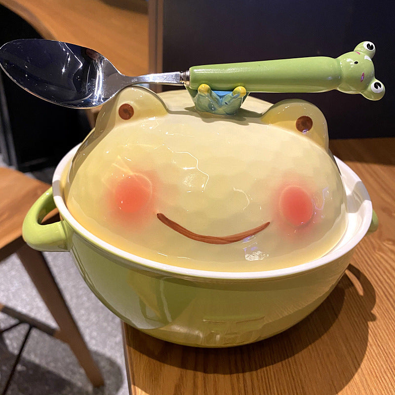 Ceramic Instant Noodle Cute Double-ear With Lid Cartoon Frog Soup Bowl