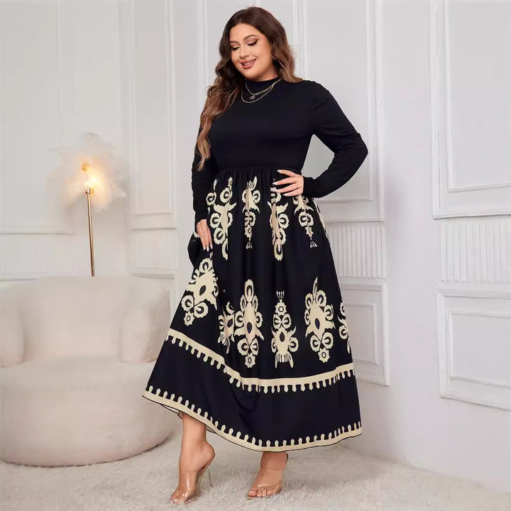 Printed Black Plus Size Loose Long Sleeve Dress