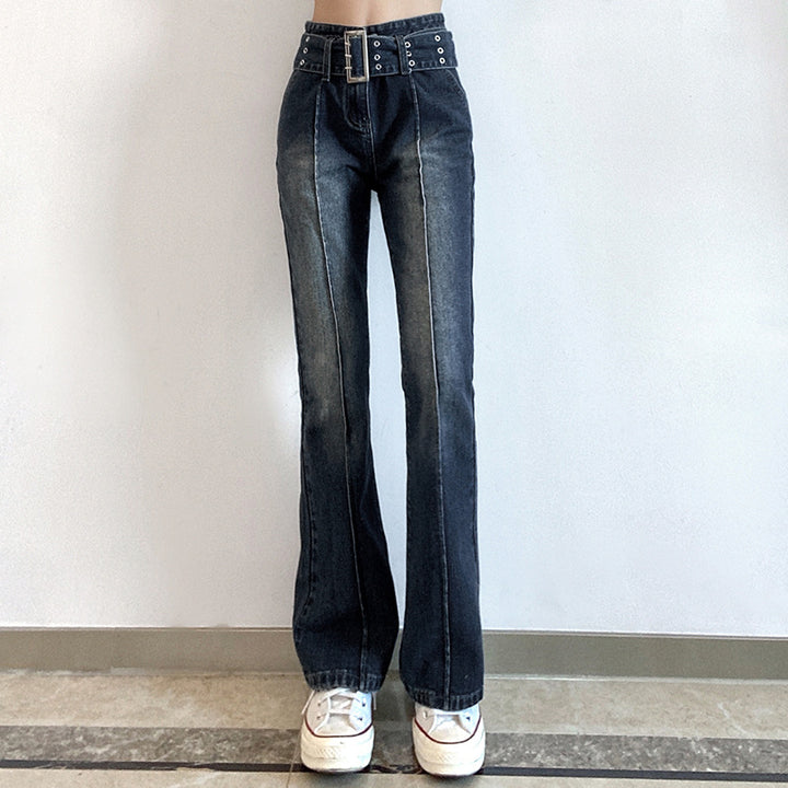 Retro Distressed Hot Girl Washed Belt Slimming Jeans