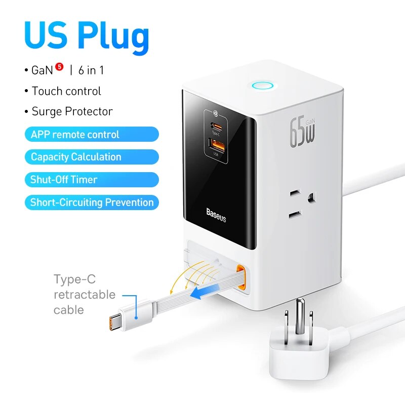 65W GaN Fast Charger with Digital Desktop Power Strip & Smart Control