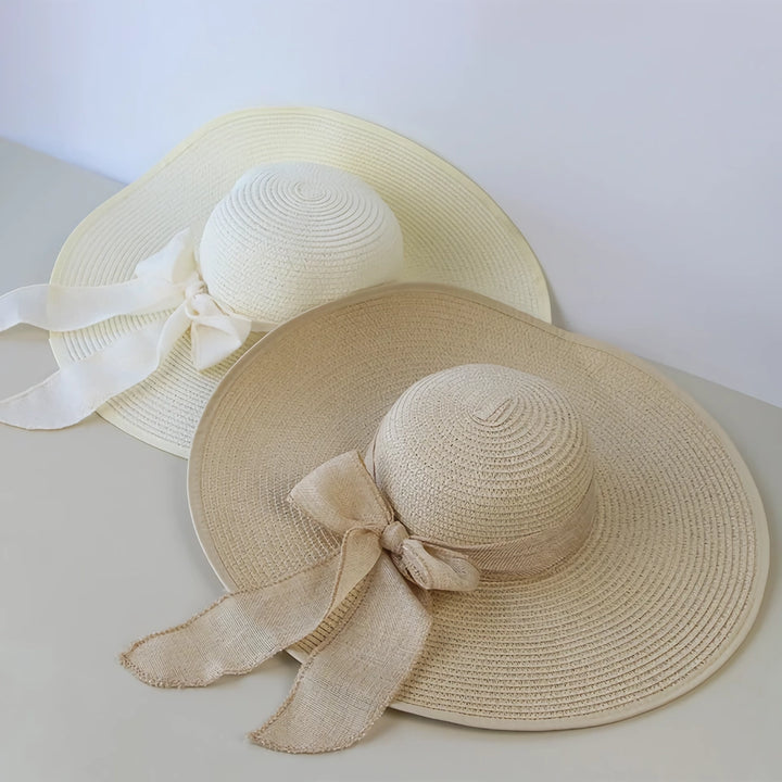 Straw Hat with Wide Brim & Bowknot