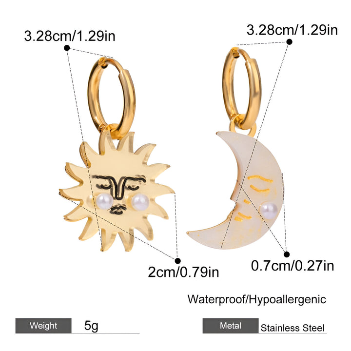 18K Gold Plated Sun & Moon Shell Pearl Hoop Earrings - Waterproof Stainless Steel