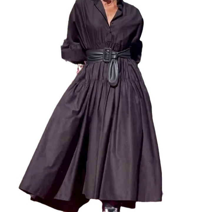 Solid Color Pleated Design Puff Sleeve Shirt Large Swing Dress Female