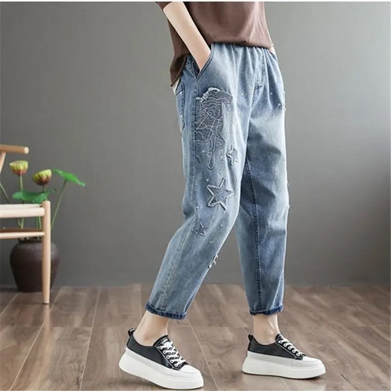 Large Size Elastic Waist Retro Do Old Casual Nine Point Pants