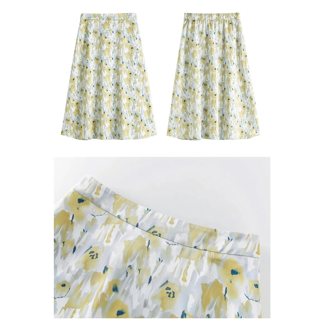 Summer French Retro Print Midi Skirt for Women - Casual A-line High Waist Skirt