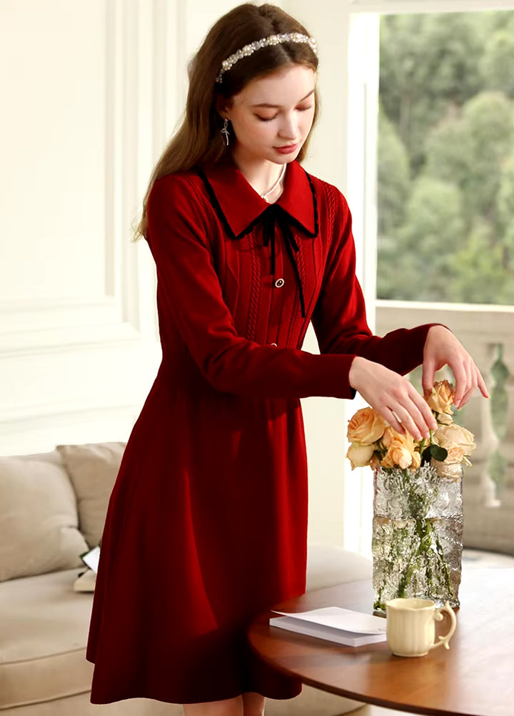 Elegant Vintage Red Long Sleeve Knitted Dress