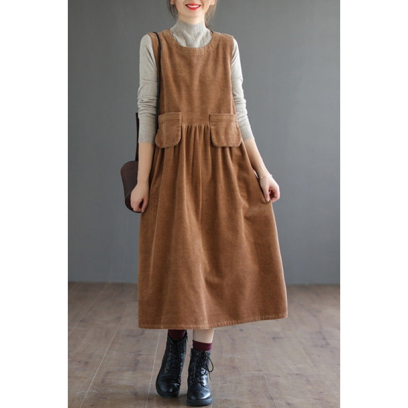 Corduroy Mid-length Dress Women's Artistic Plus Size Pocket Sleeveless Vest Dress