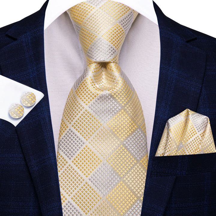 Elegant Champagne Plaid Silk Tie Set