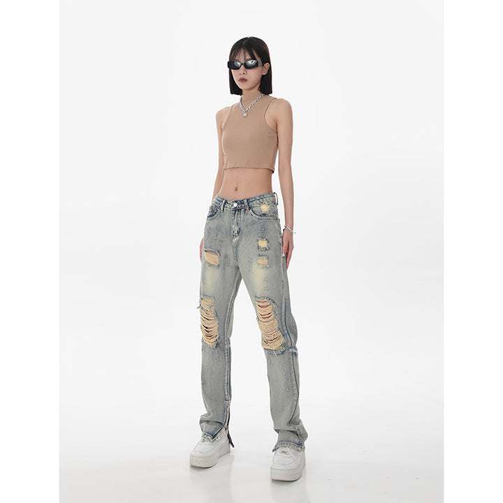 High Waist Ripped Straight Jeans for Women