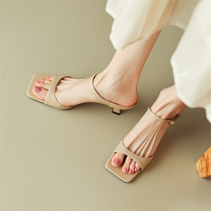 Square Toe Leather Mule Sandals with Elegant Buckle
