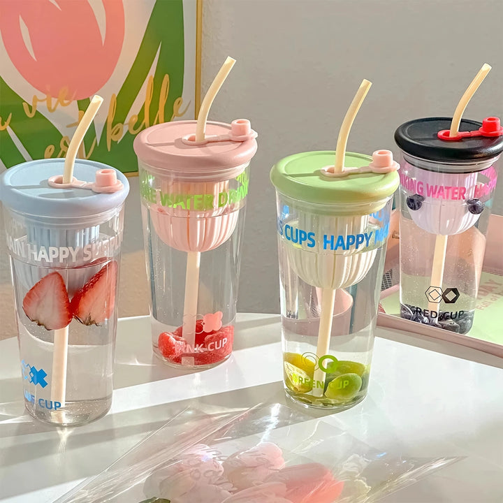 Cute Korean Glass Cup with Lid and Straw